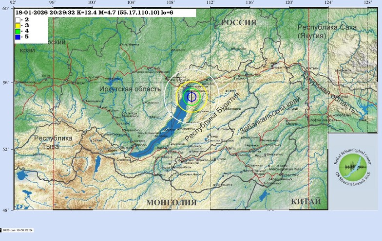 Схема теоретических изосейст землетрясения 18.01.2026 20:29:33 UTC