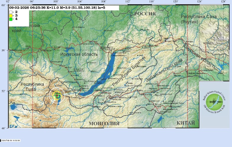 Схема теоретических изосейст землетрясения 09.02.2026 06:25:37 UTC