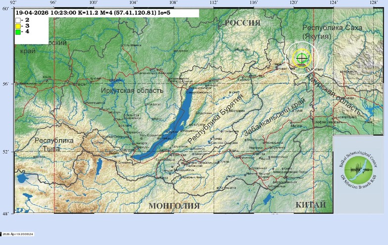 Схема теоретических изосейст землетрясения 19.04.2026 10:23:01 UTC