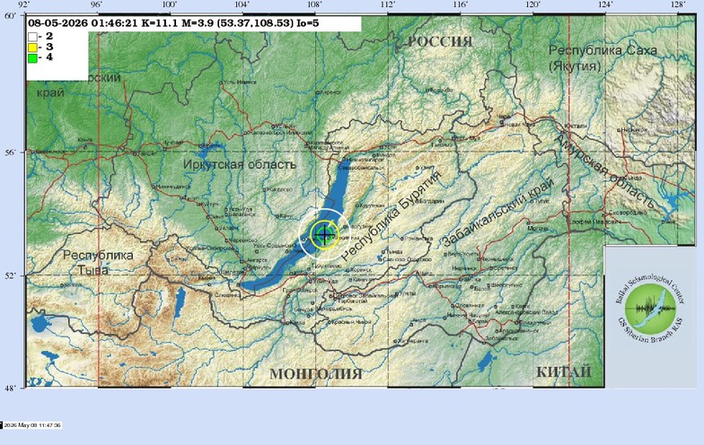 Схема теоретических изосейст землетрясения 08.05.2026 01:46:22 UTC