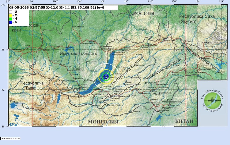 Схема теоретических изосейст землетрясения 08.05.2026 02:57:55 UTC