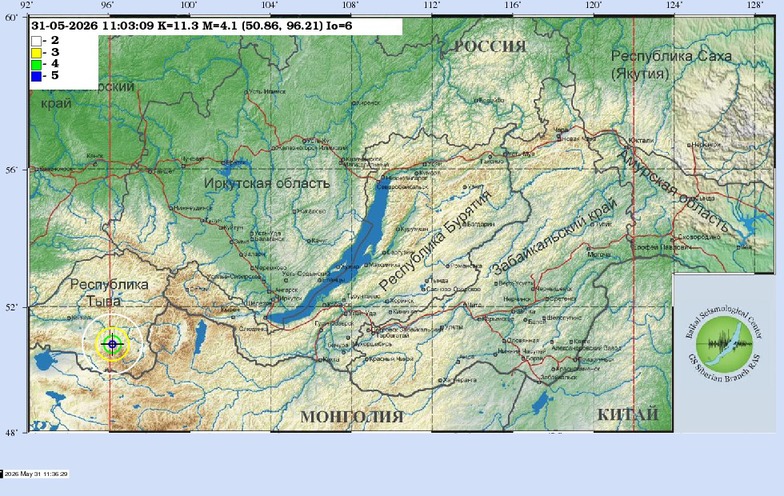 Схема теоретических изосейст землетрясения 31.05.2026 11:03:09 UTC
