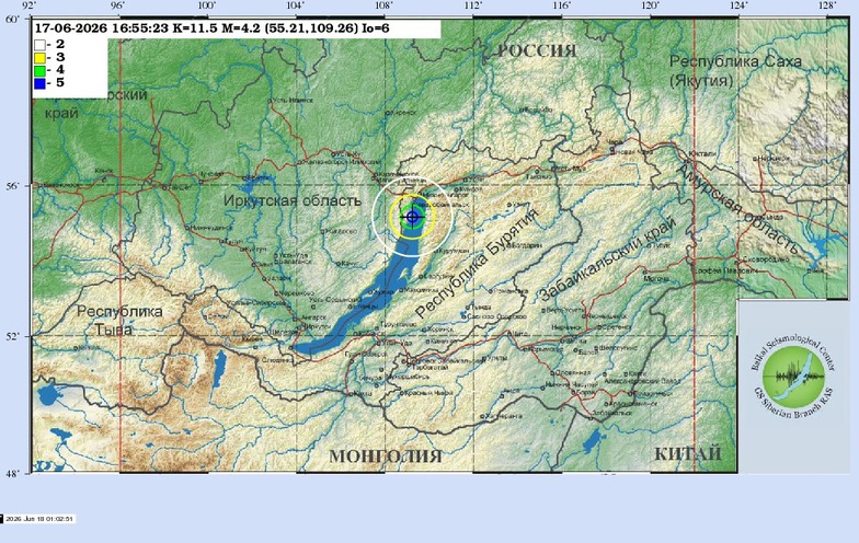 Схема теоретических изосейст землетрясения 17.06.2026 16:55:23 UTC