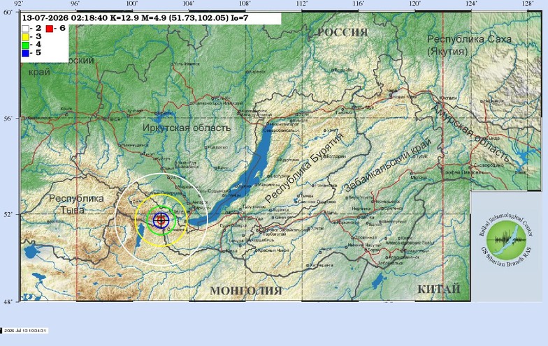 Схема теоретических изосейст землетрясения 13.07.2026 02:18:41 UTC